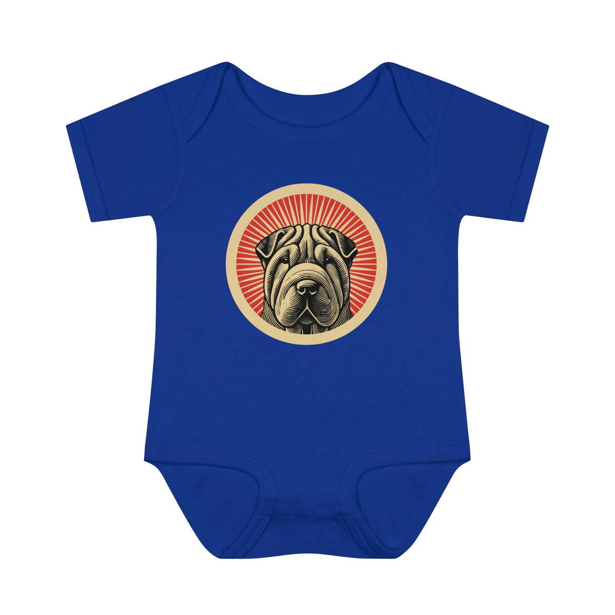 Chinese Shar-Pei badge art in a ring of red rays on a baby bodysuit