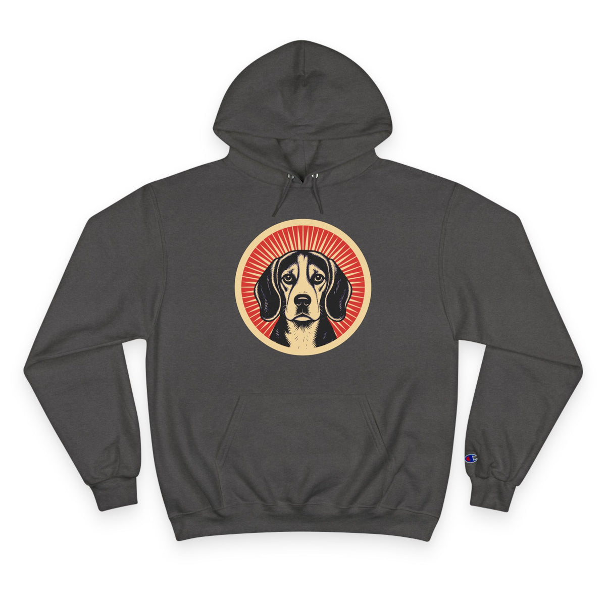 Beagle badge art in a ring of red rays on a champion hoodie