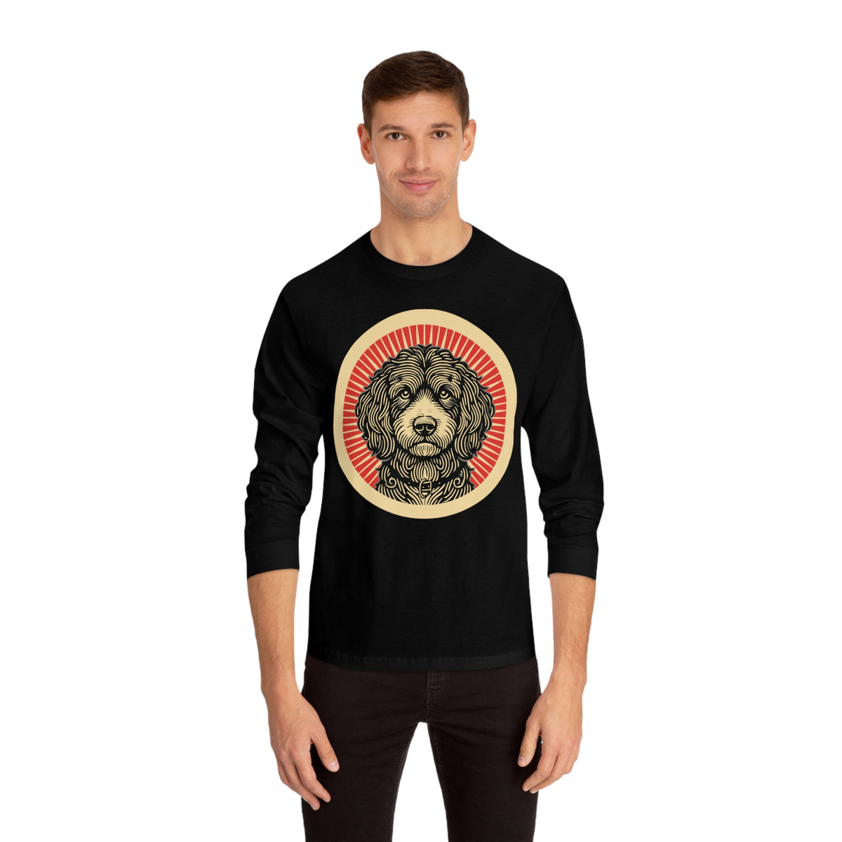 Aussiedoodle badge art in a ring of red rays on a long-sleeve tee