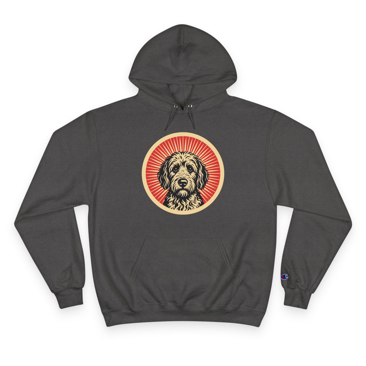 Labradoodle badge art in a ring of red rays on a champion hoodie