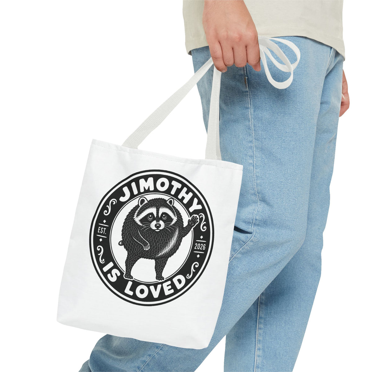 Personalized Raccoon Tote — "Jimothy Is Loved" Graphic Tote Bag