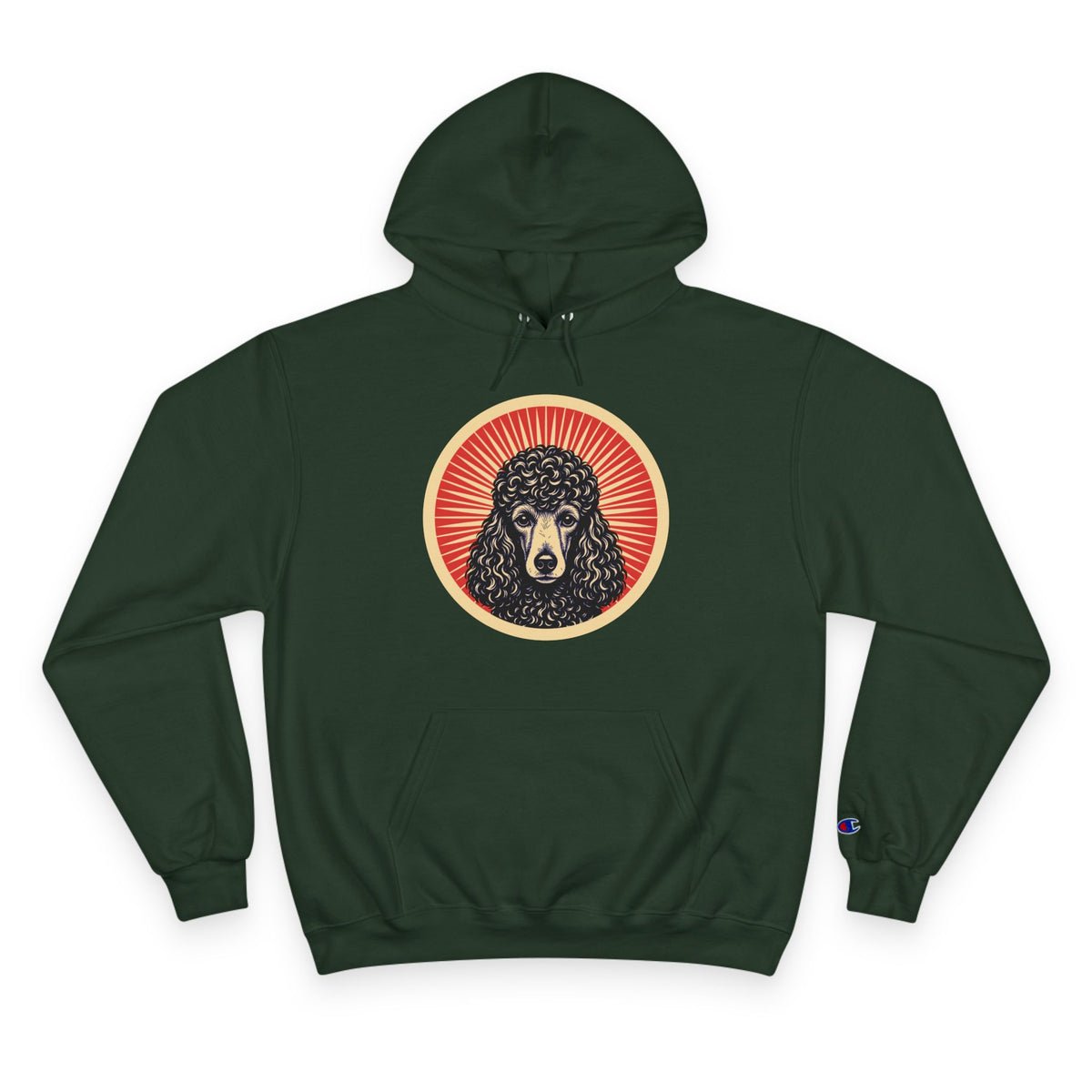 Poodle badge art in a ring of red rays on a champion hoodie
