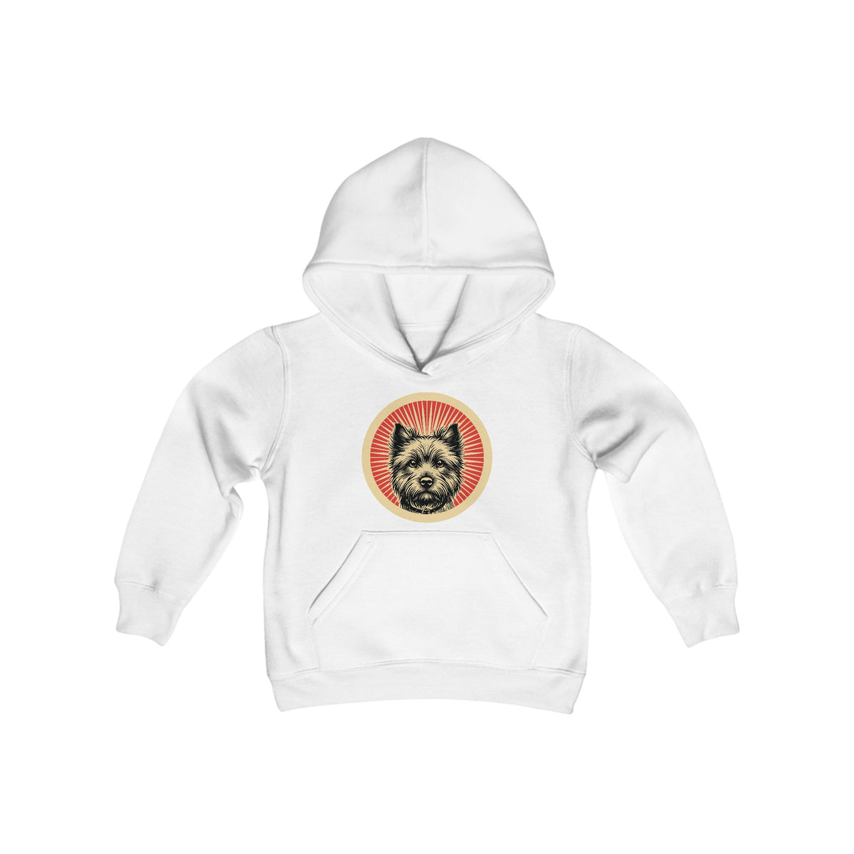 Cairn Terrier badge art in a ring of red rays on a kids' hoodie