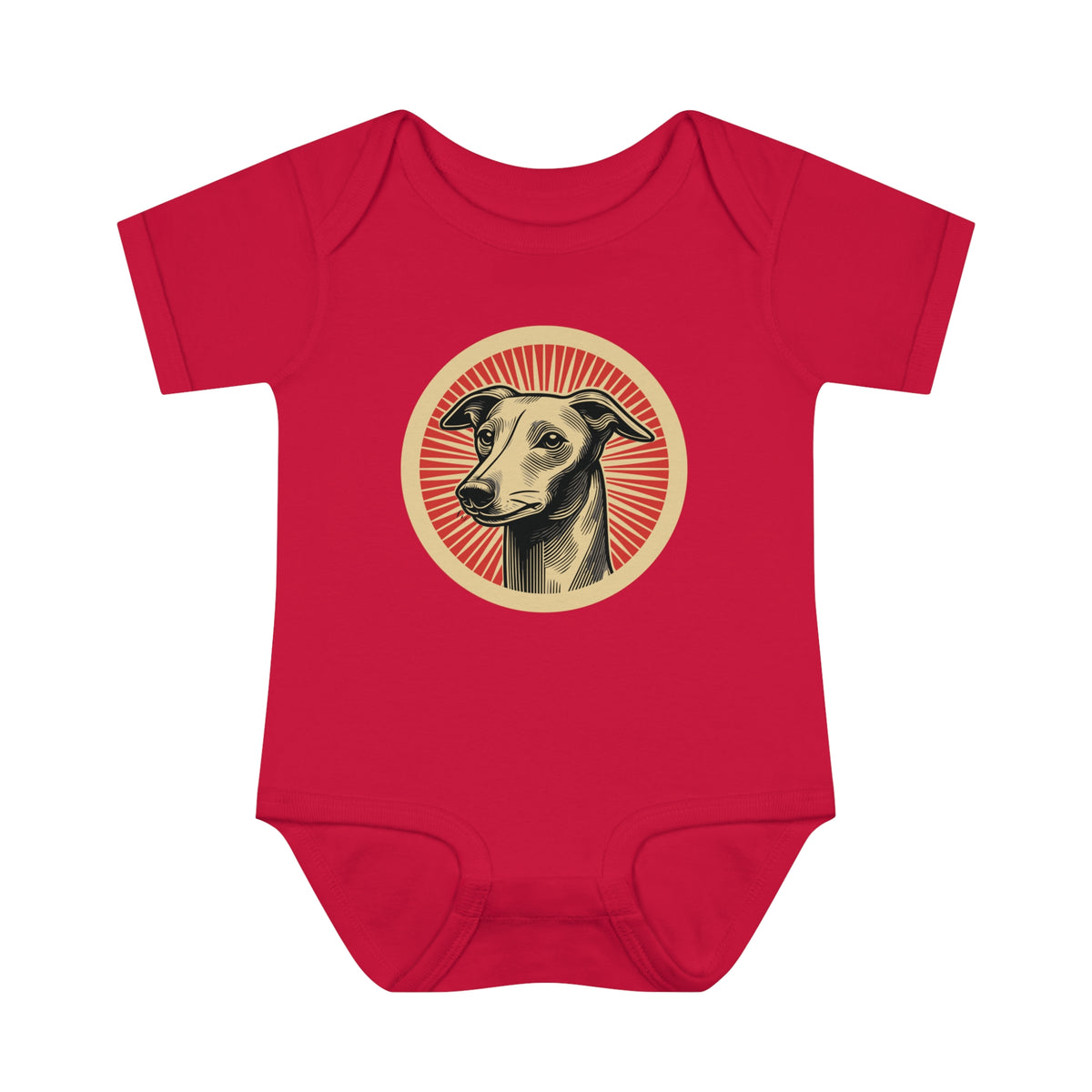 Italian Greyhound badge art in a ring of red rays on a baby bodysuit