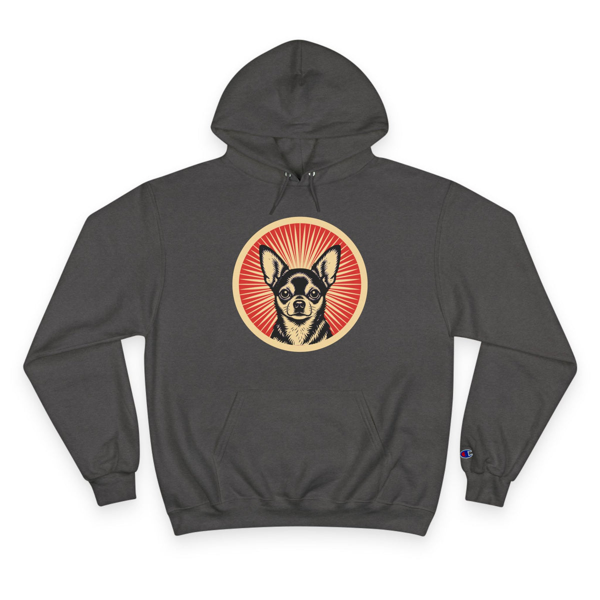 Chihuahua badge art in a ring of red rays on a champion hoodie