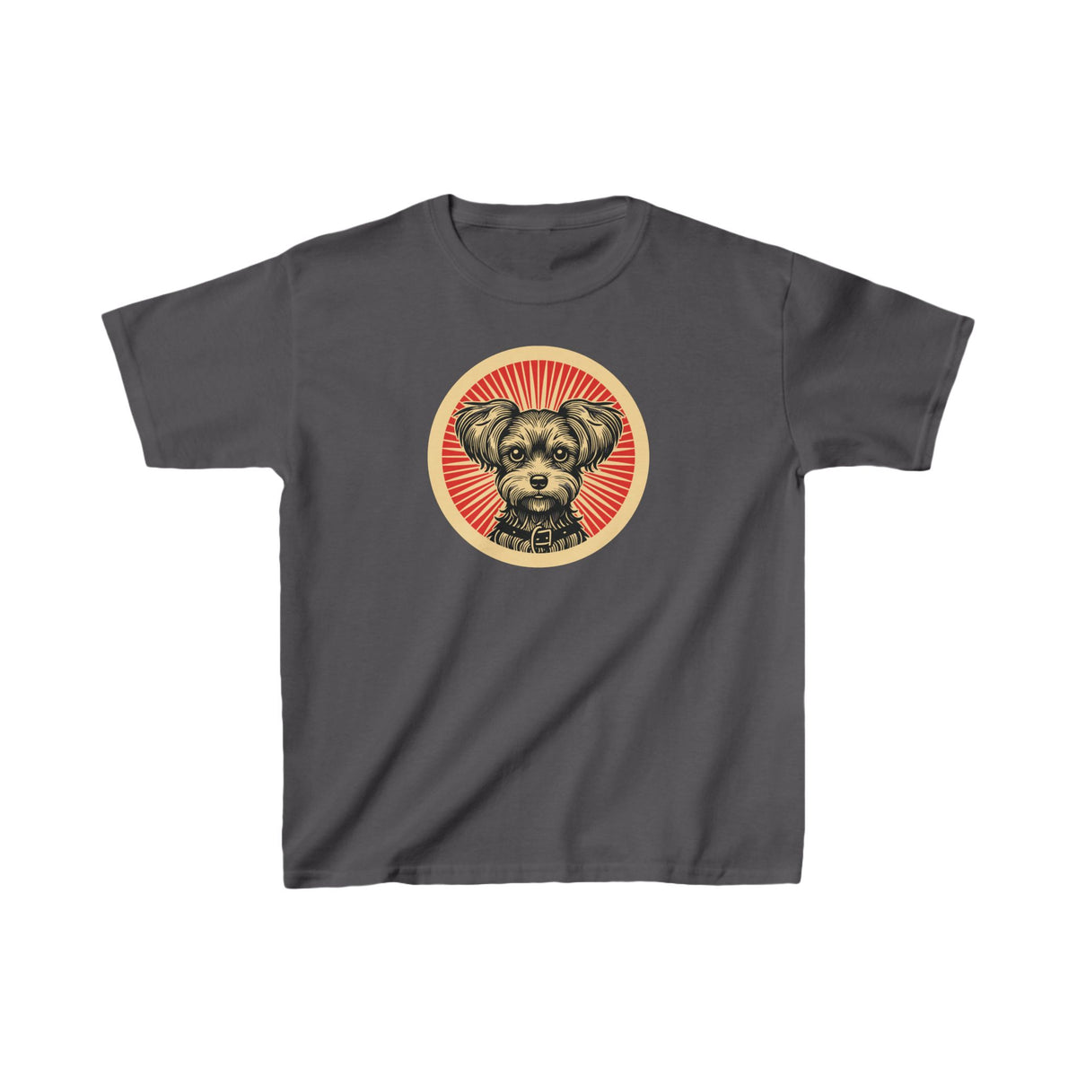 Yorkipoo badge art in a ring of red rays on a kids' tee