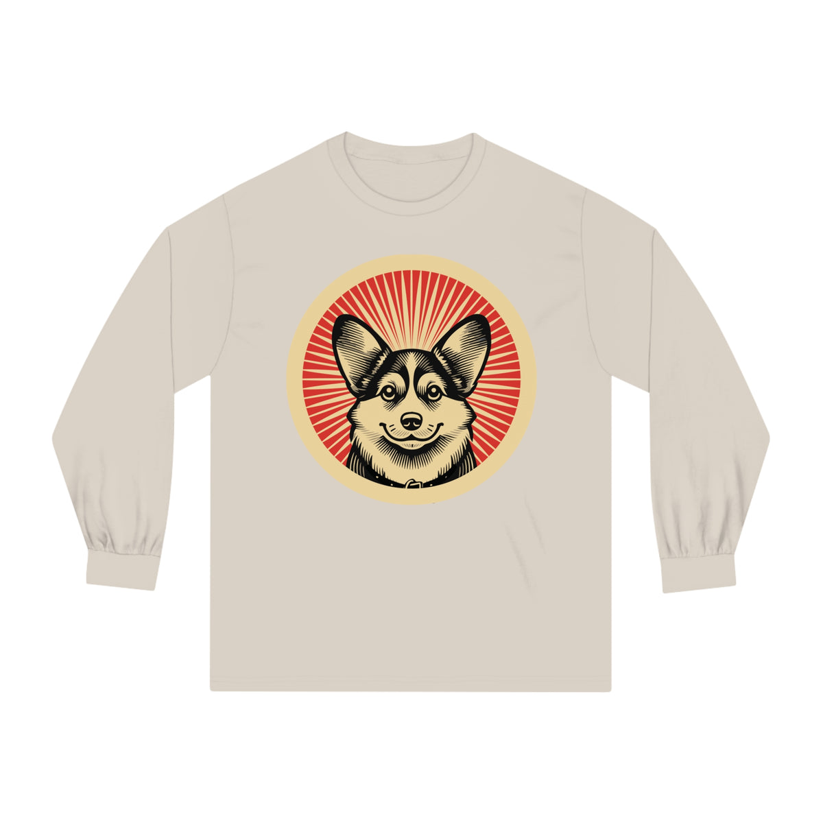 Pembroke Welsh Corgi badge art in a ring of red rays on a long-sleeve tee