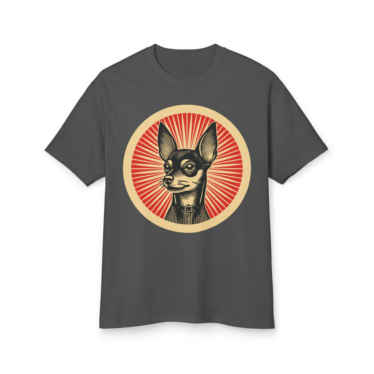 Miniature Pinscher badge art in a ring of red rays on a heavyweight tee