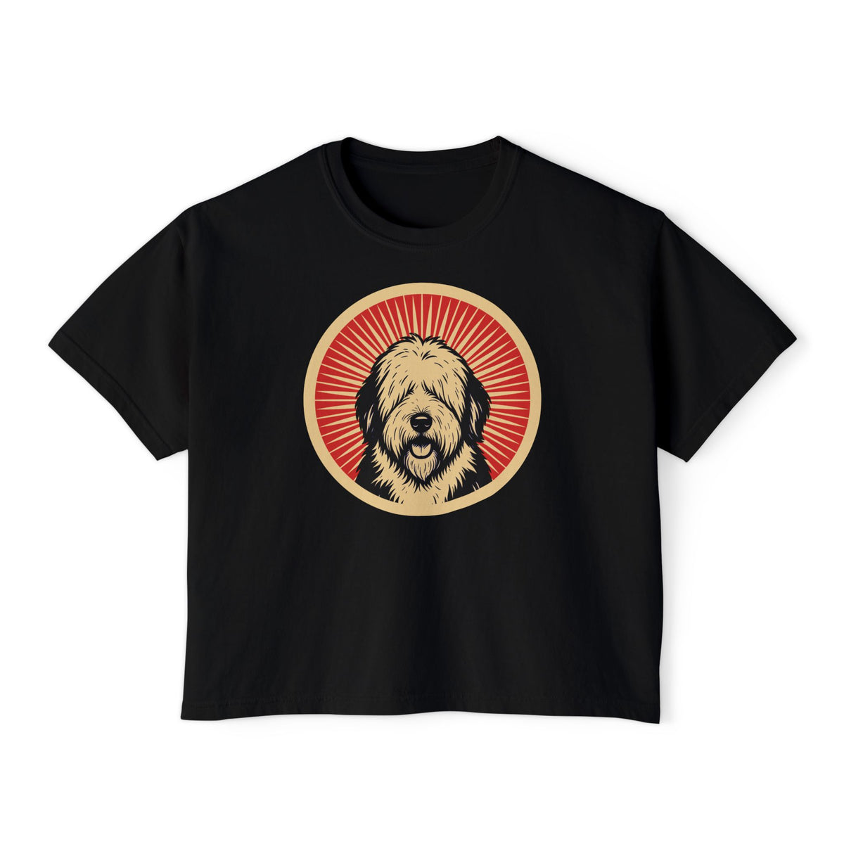 Old English Sheepdog badge art in a ring of red rays on a boxy tee