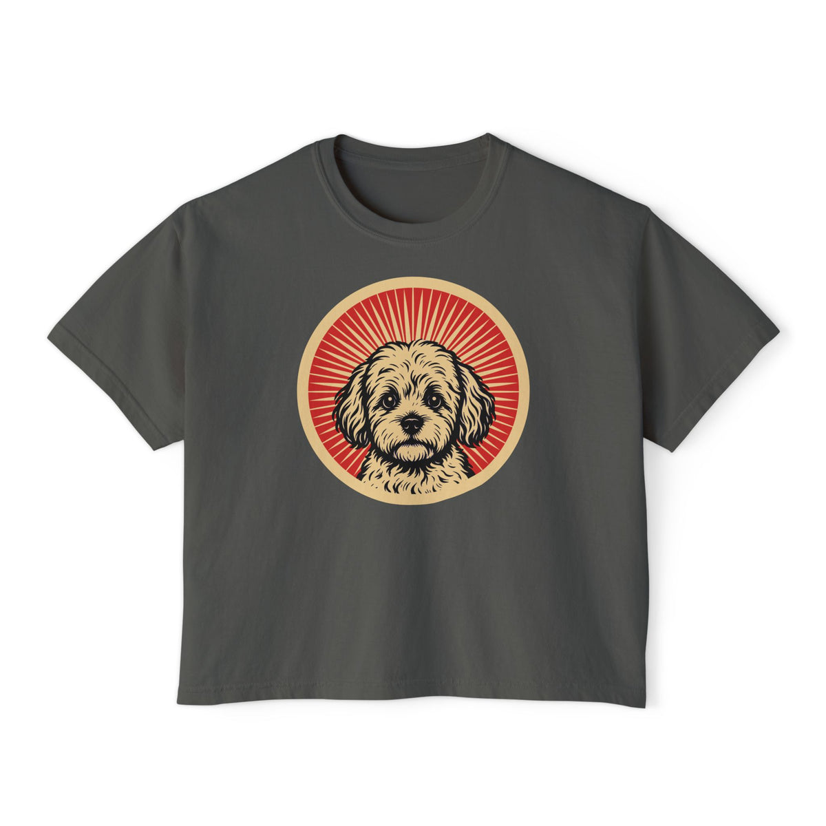 Maltipoo badge art in a ring of red rays on a boxy tee