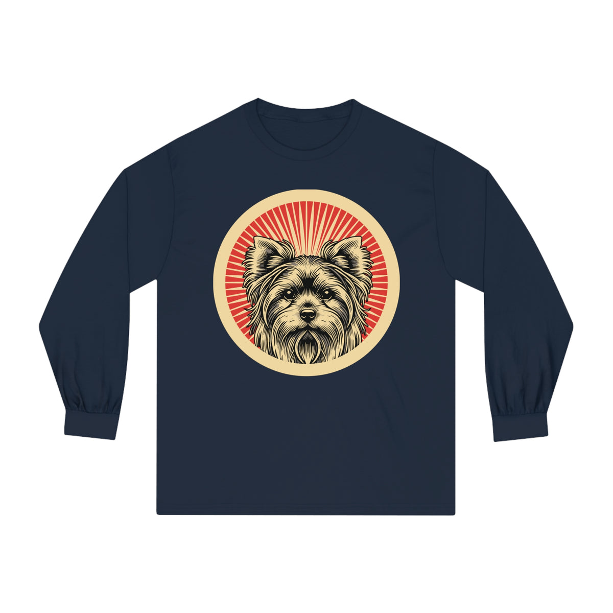 Yorkshire Terrier badge art in a ring of red rays on a long-sleeve tee