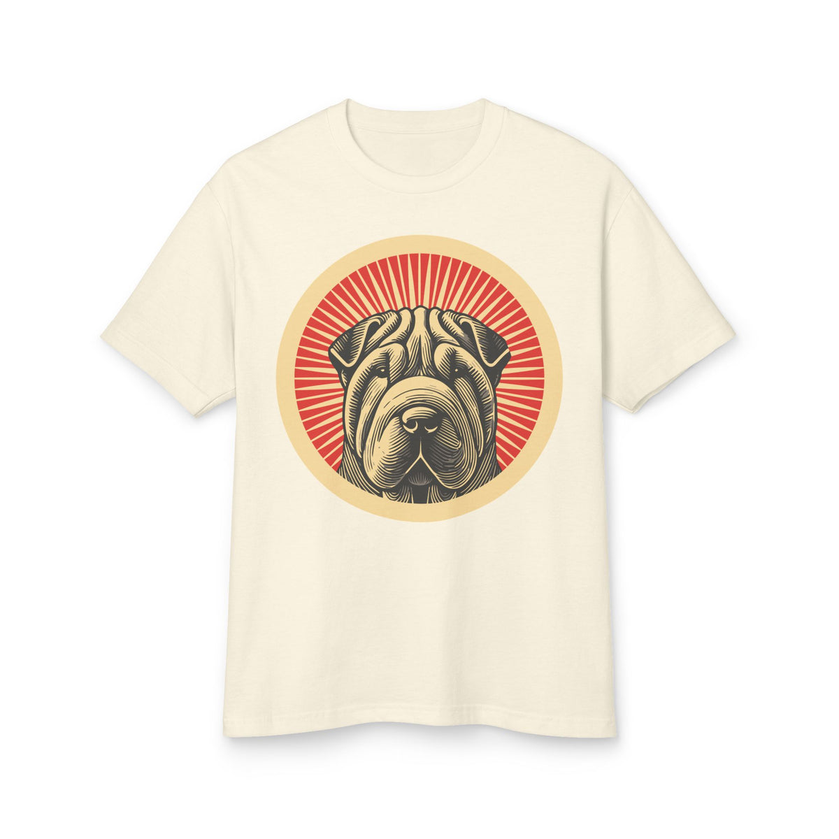 Chinese Shar-Pei badge art in a ring of red rays on a heavyweight tee