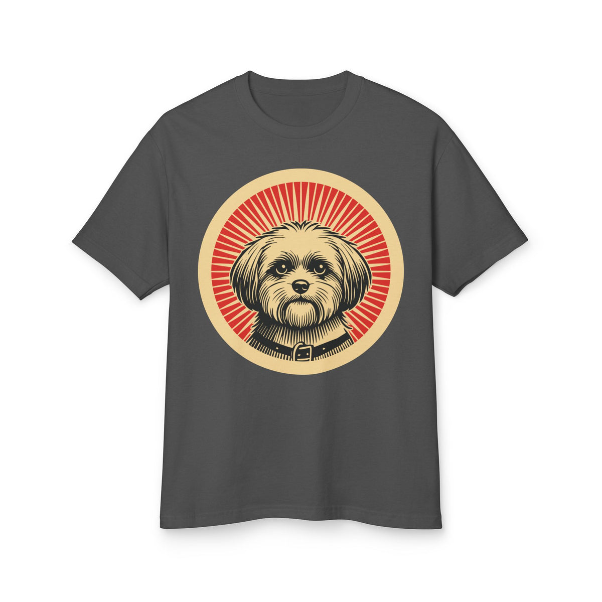 Shihpoo badge art in a ring of red rays on a heavyweight tee