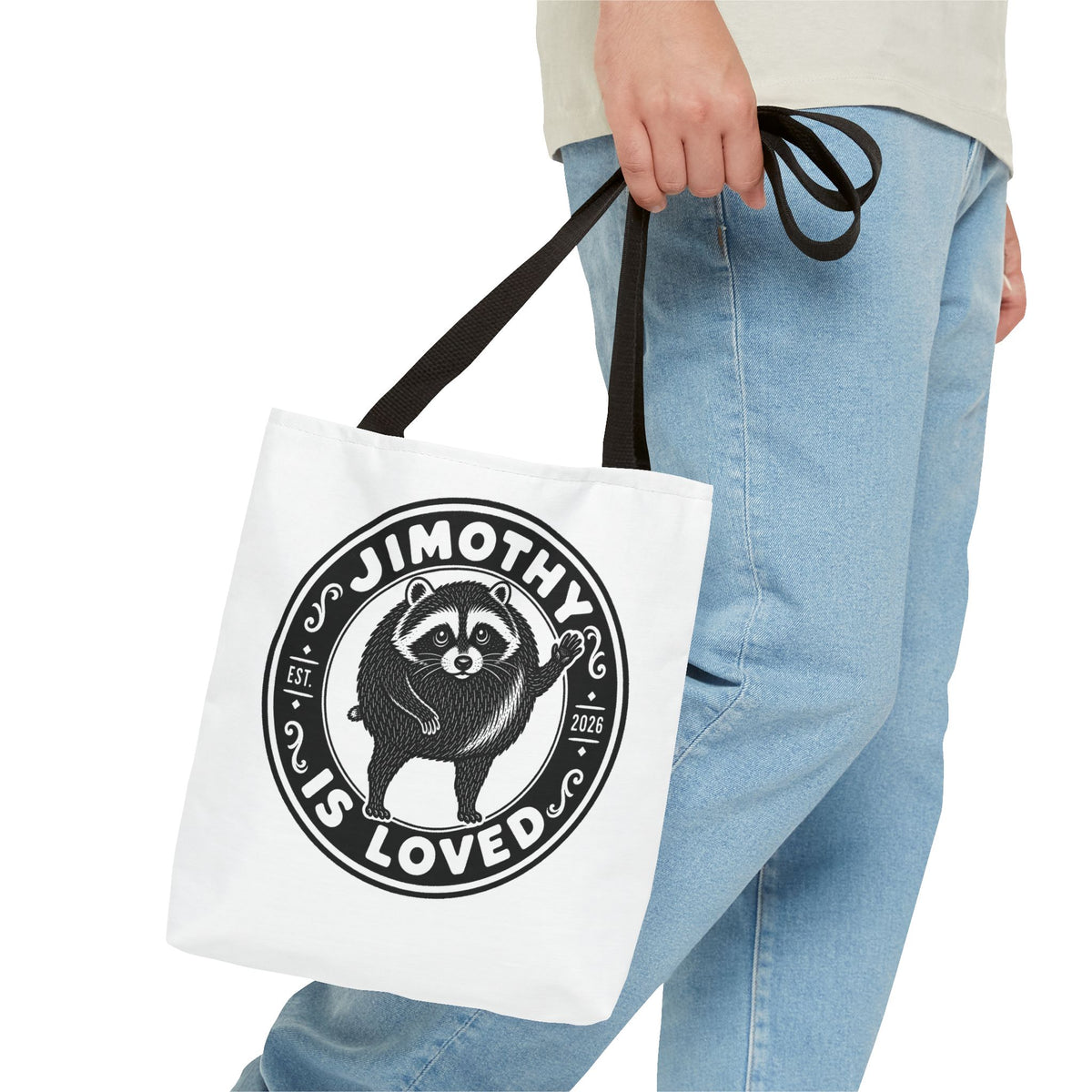 Personalized Raccoon Tote — "Jimothy Is Loved" Graphic Tote Bag