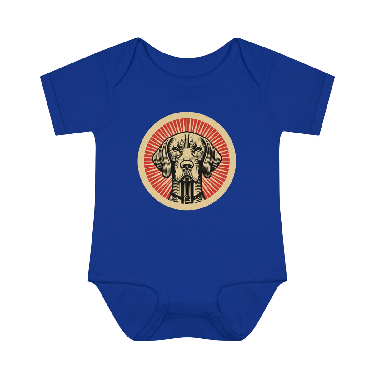 Vizsla badge art in a ring of red rays on a baby bodysuit