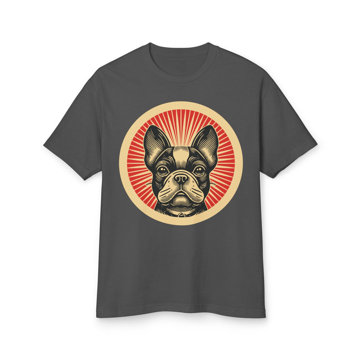 French Bulldog badge art in a ring of red rays on a heavyweight tee