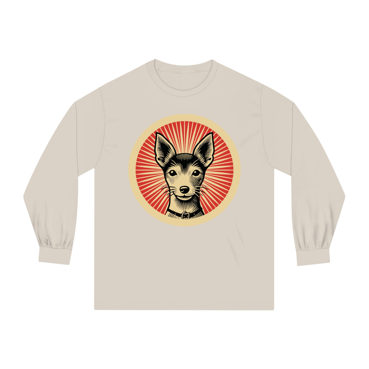 Toy Fox Terrier badge art in a ring of red rays on a long-sleeve tee