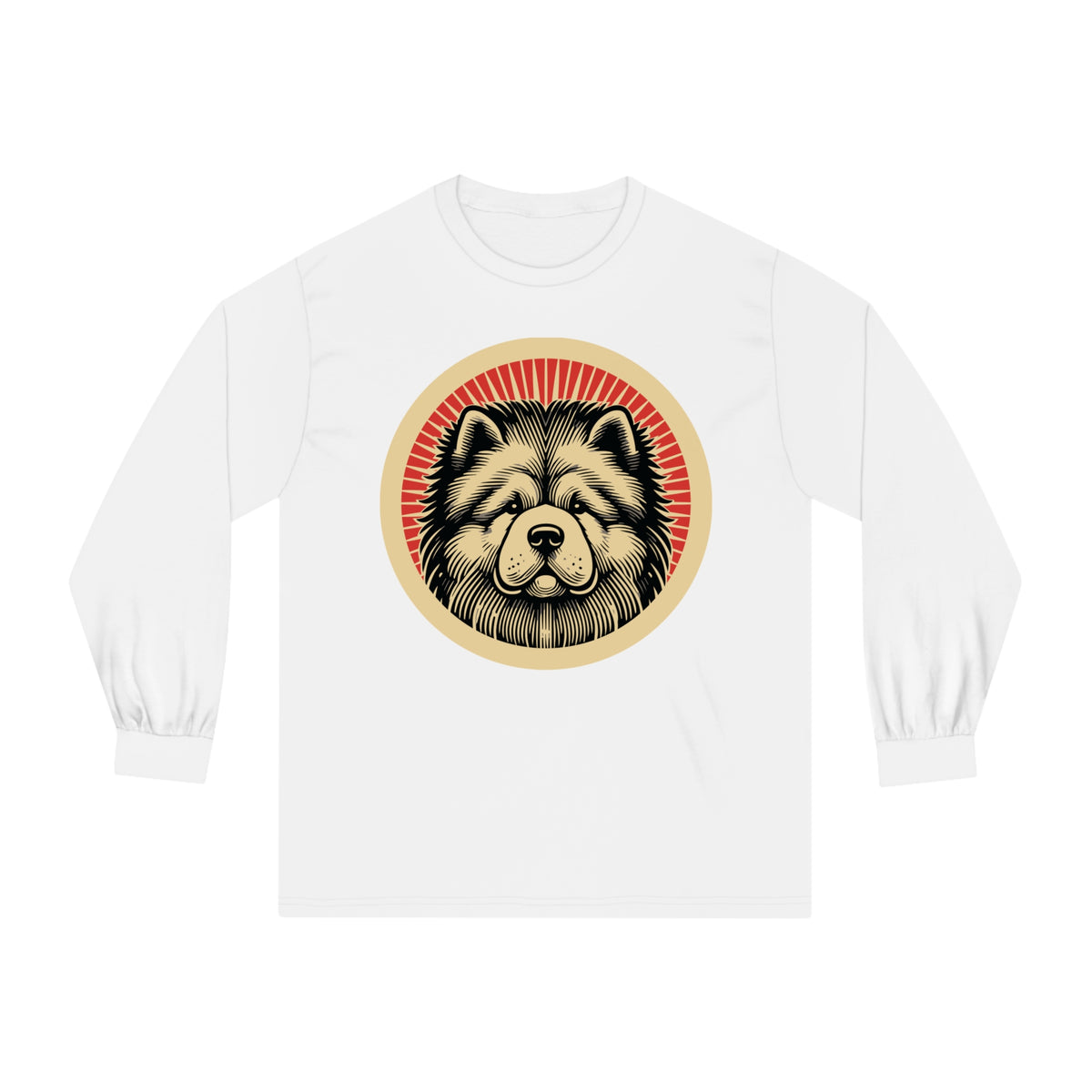 Chow Chow badge art in a ring of red rays on a long-sleeve tee