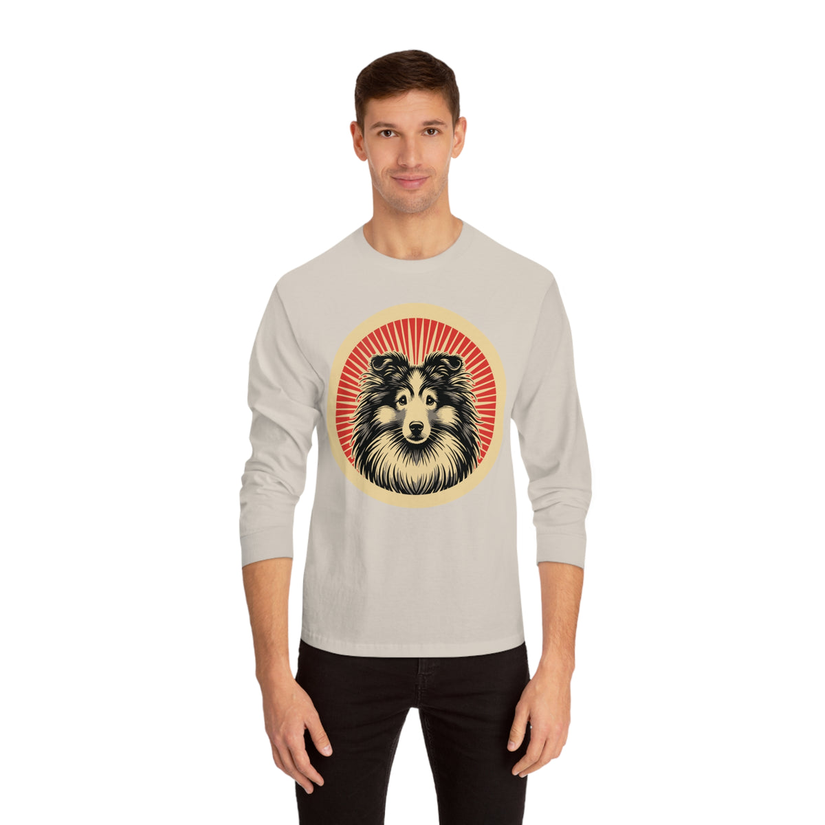 Shetland Sheepdog badge art in a ring of red rays on a long-sleeve tee