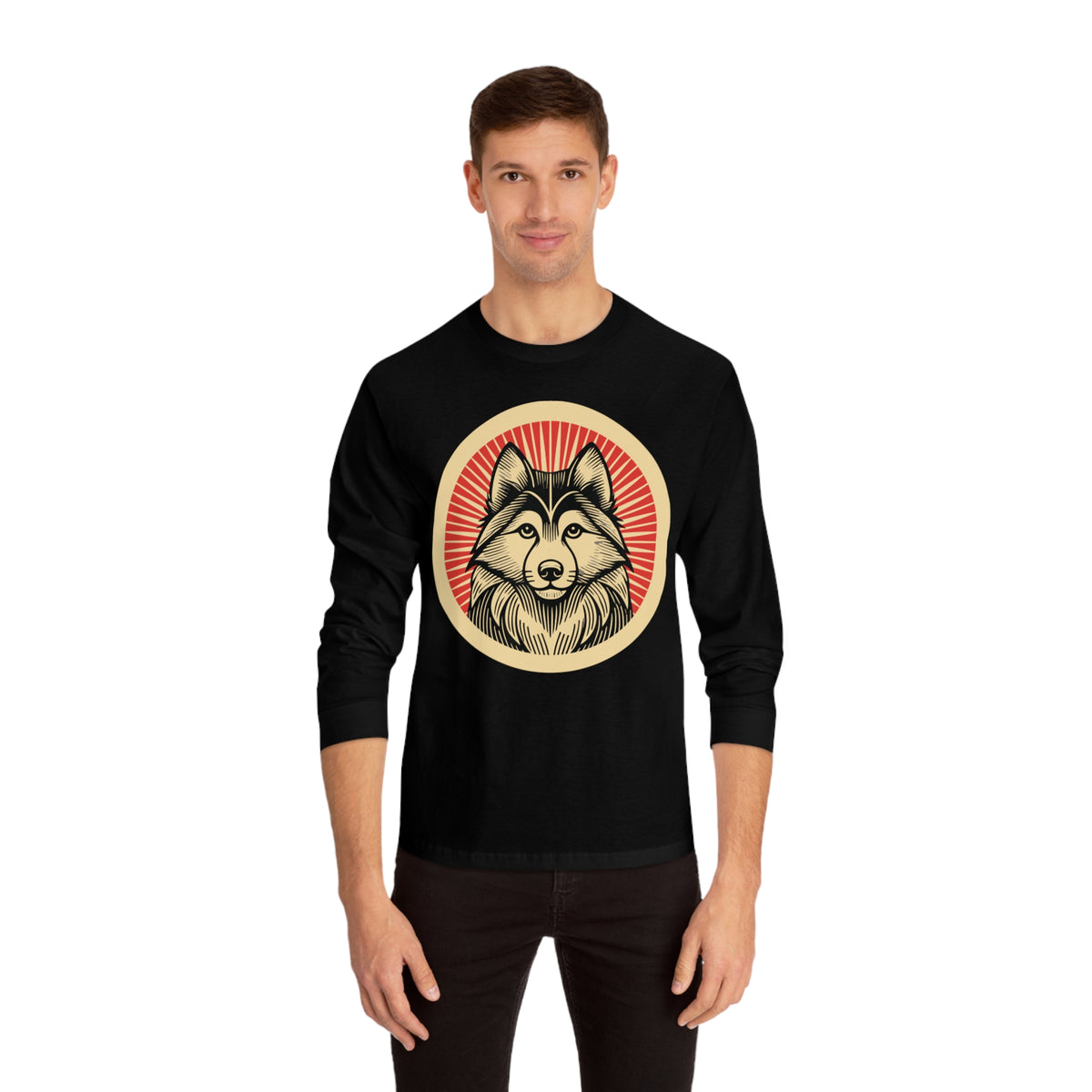 Alaskan Klee Kai badge art in a ring of red rays on a long-sleeve tee