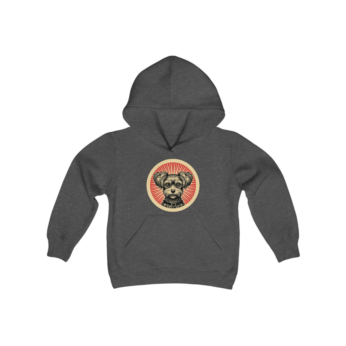Yorkipoo badge art in a ring of red rays on a kids' hoodie