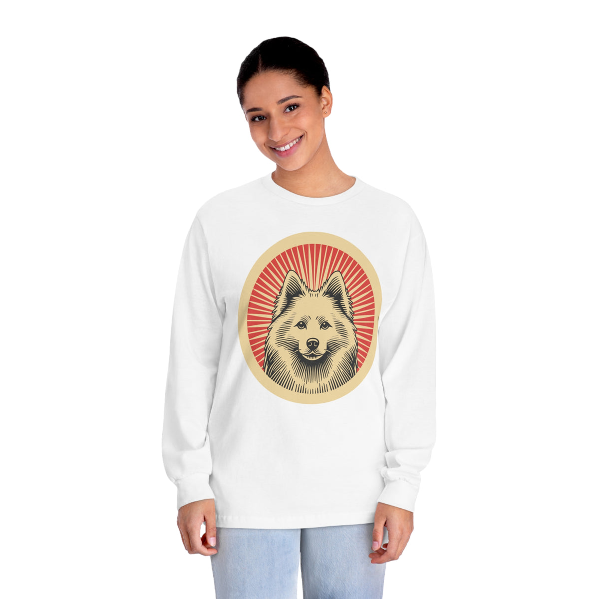 American Eskimo Dog badge art in a ring of red rays on a long-sleeve tee