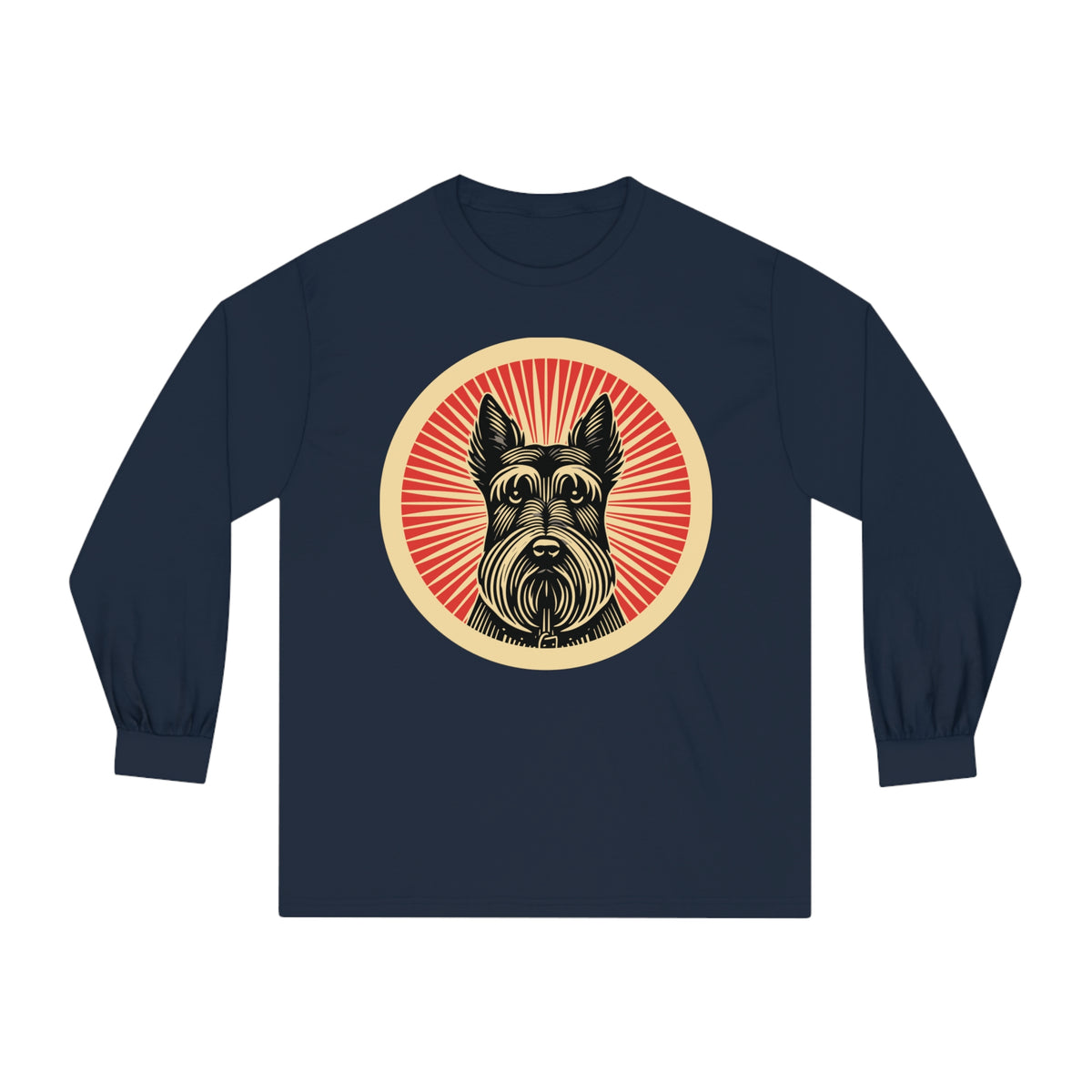 Scottish Terrier badge art in a ring of red rays on a long-sleeve tee
