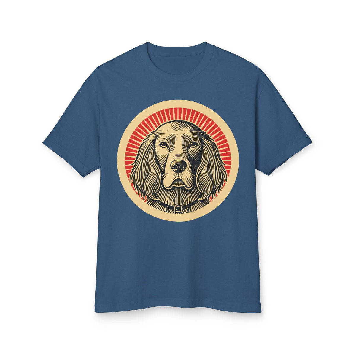 English Setter badge art in a ring of red rays on a heavyweight tee