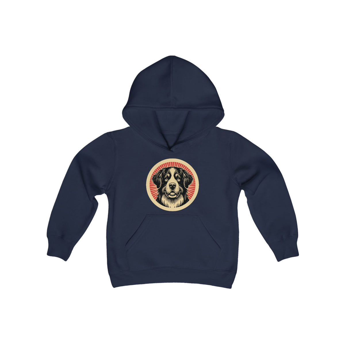 Bernese Mountain Dog badge art in a ring of red rays on a kids' hoodie