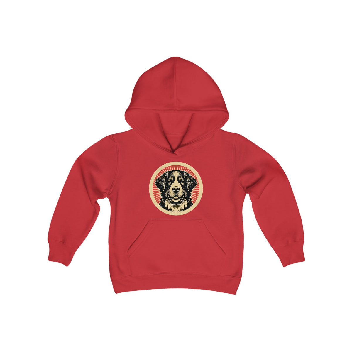Bernese Mountain Dog badge art in a ring of red rays on a kids' hoodie