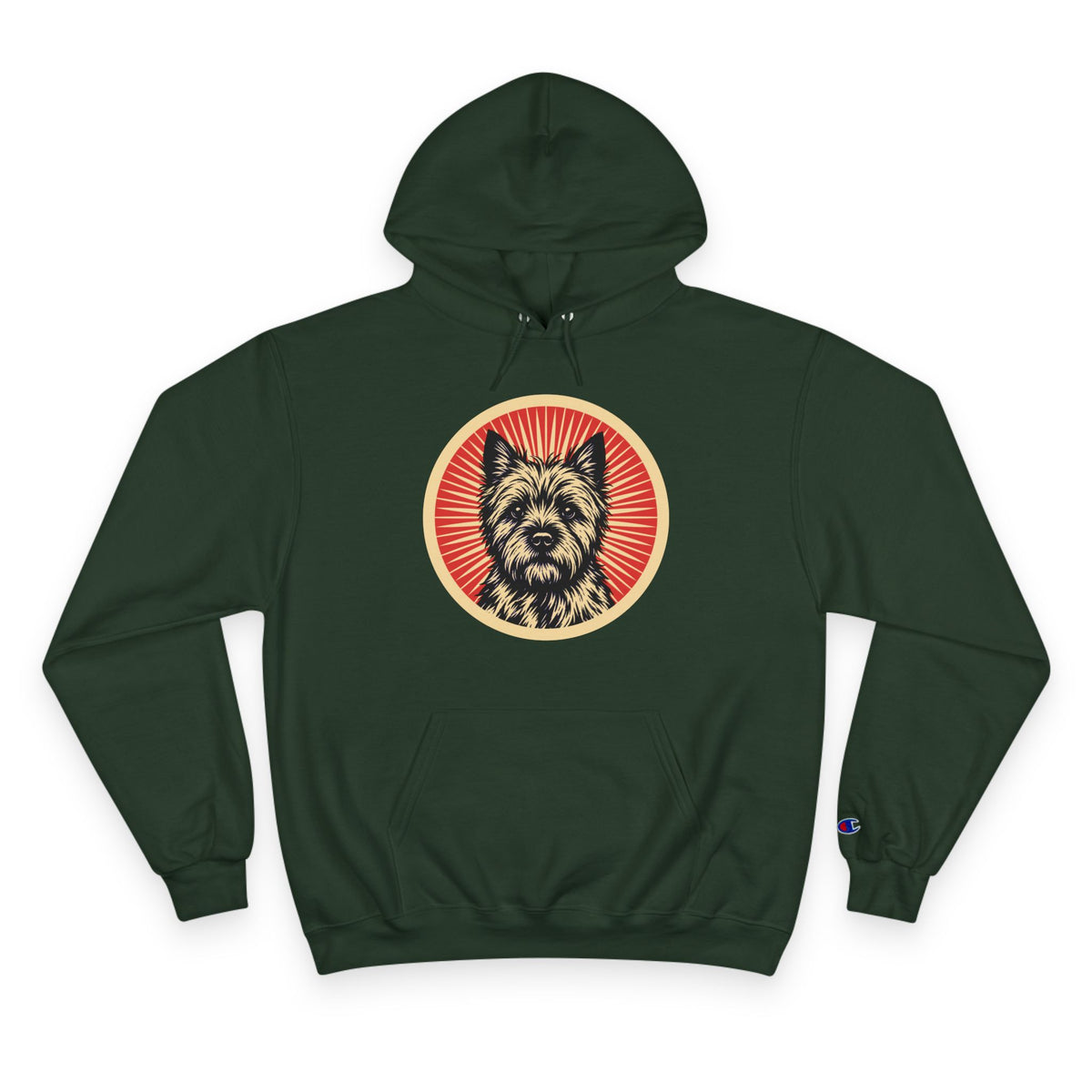 Cairn Terrier badge art in a ring of red rays on a champion hoodie