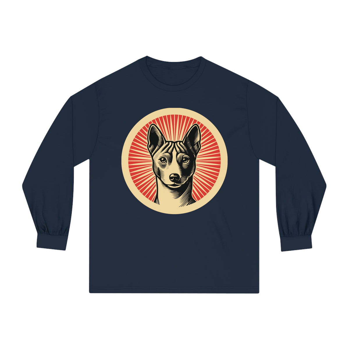 Basenji badge art in a ring of red rays on a long-sleeve tee