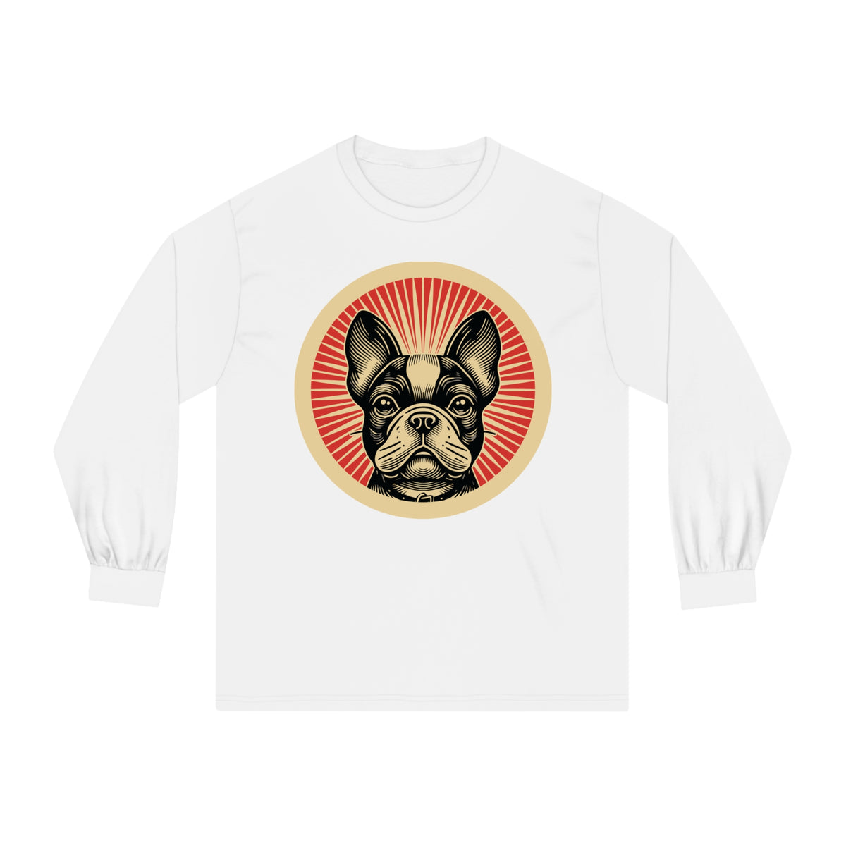French Bulldog badge art in a ring of red rays on a long-sleeve tee