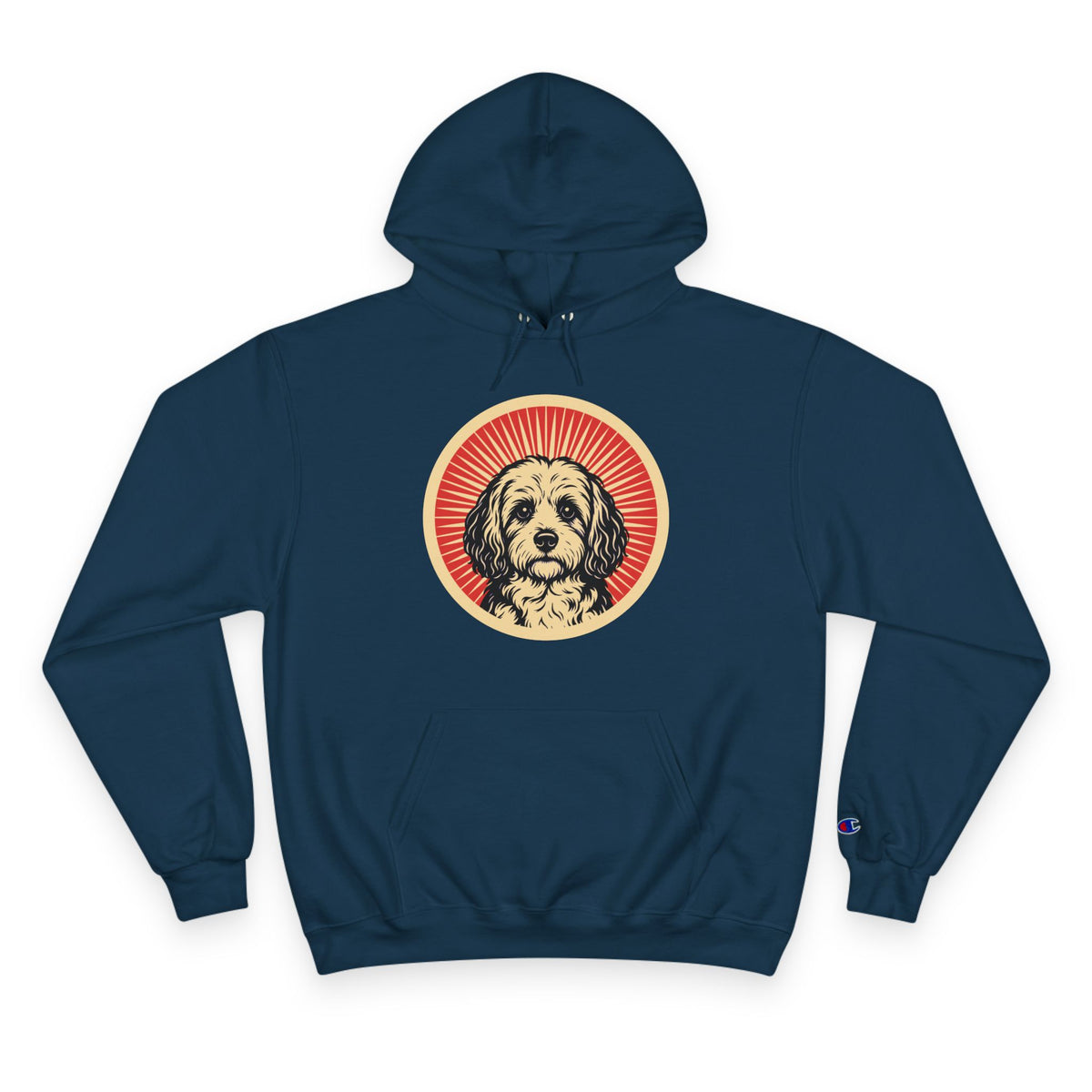 Cavachon badge art in a ring of red rays on a champion hoodie