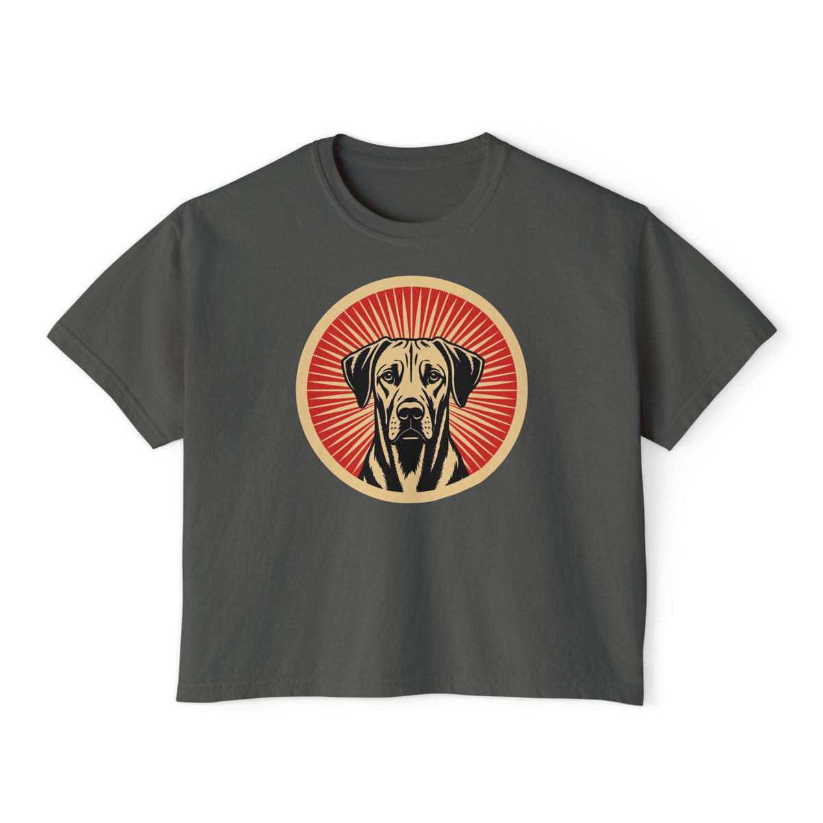 Rhodesian Ridgeback badge art in a ring of red rays on a boxy tee