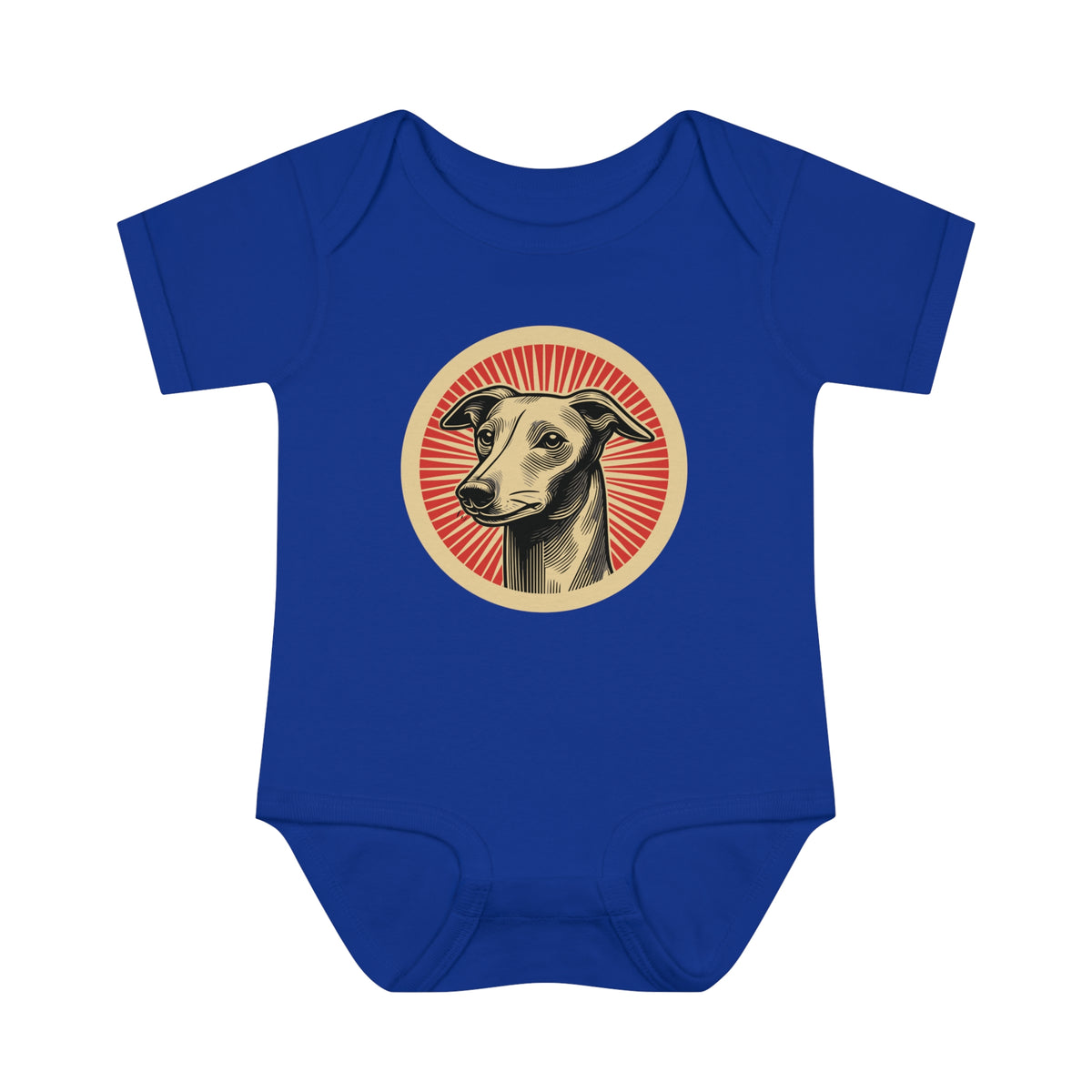 Italian Greyhound badge art in a ring of red rays on a baby bodysuit