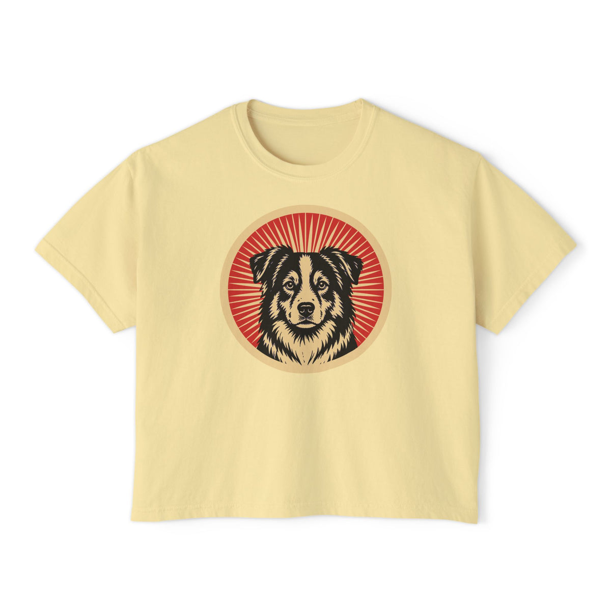 Miniature American Shepherd badge art in a ring of red rays on a boxy tee