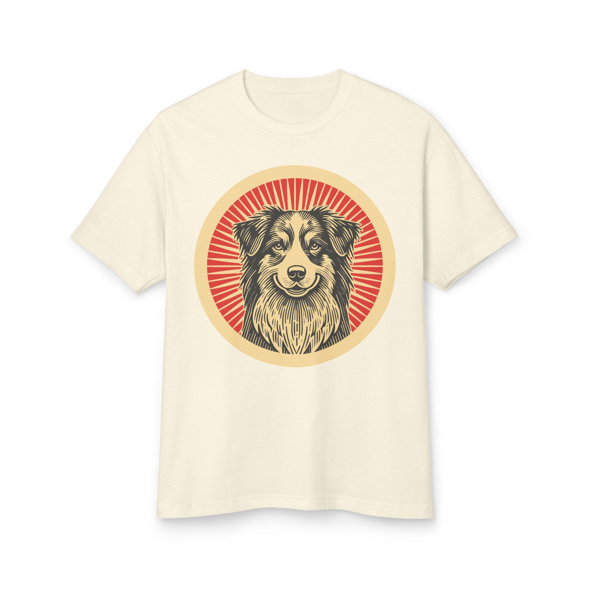 Australian Shepherd badge art in a ring of red rays on a heavyweight tee