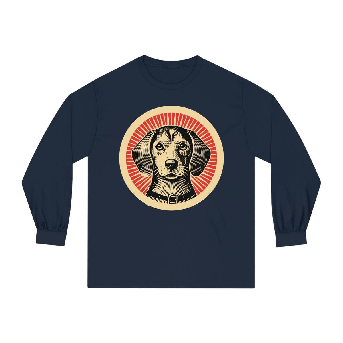 Beaglier badge art in a ring of red rays on a long-sleeve tee