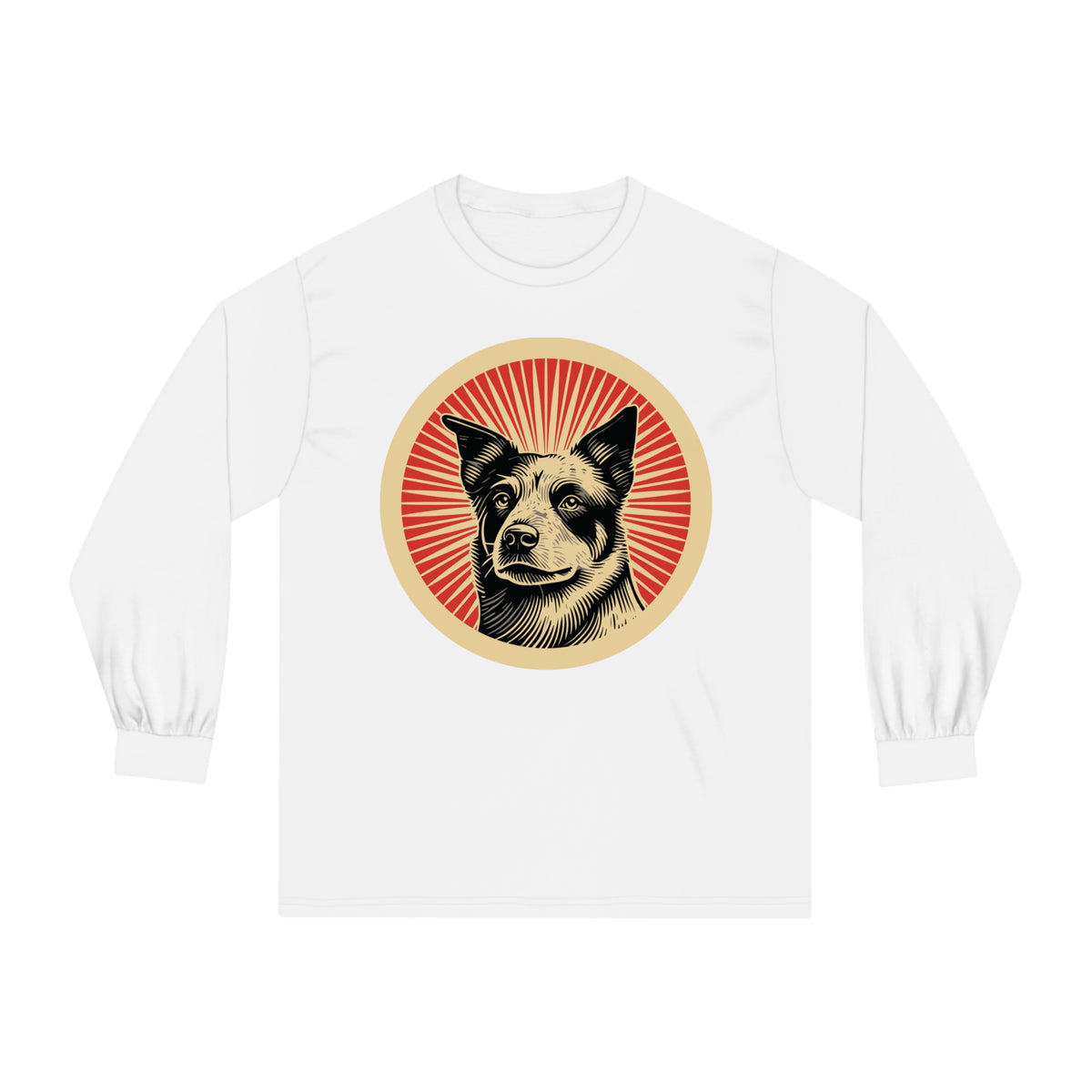 Australian Cattle Dog badge art in a ring of red rays on a long-sleeve tee