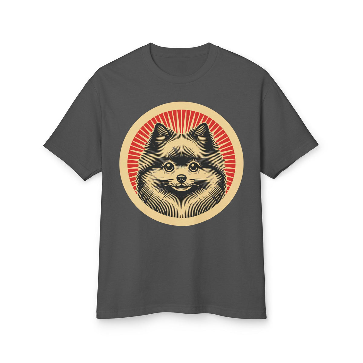 Pomeranian badge art in a ring of red rays on a heavyweight tee