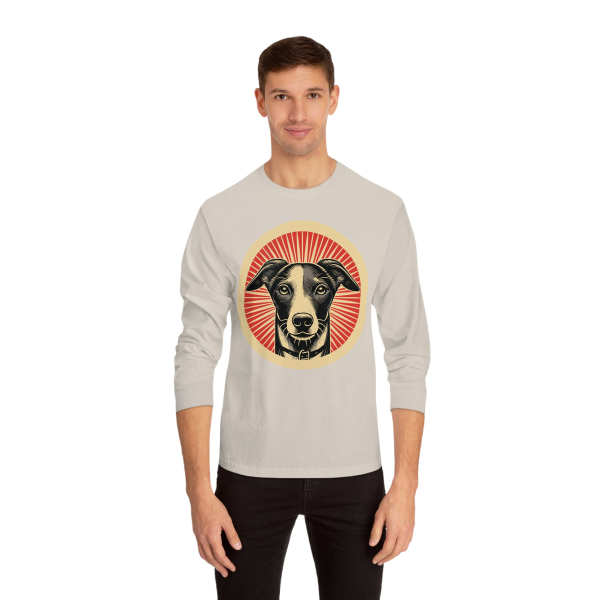 Whippet badge art in a ring of red rays on a long-sleeve tee