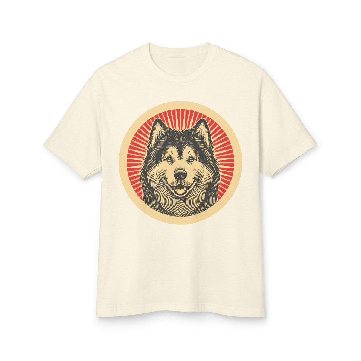 Alaskan Malamute badge art in a ring of red rays on a heavyweight tee