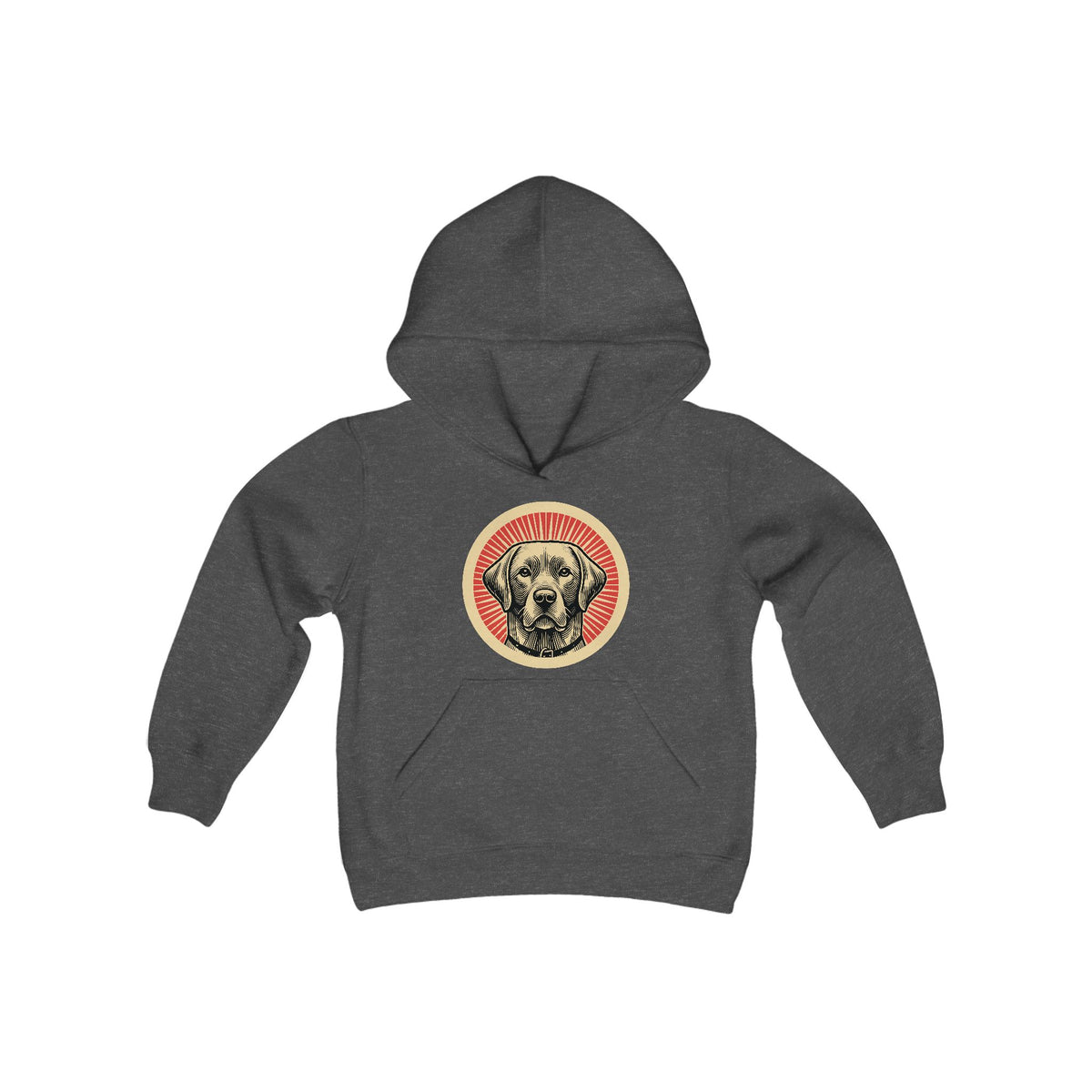 Labrador Retriever badge art in a ring of red rays on a kids' hoodie