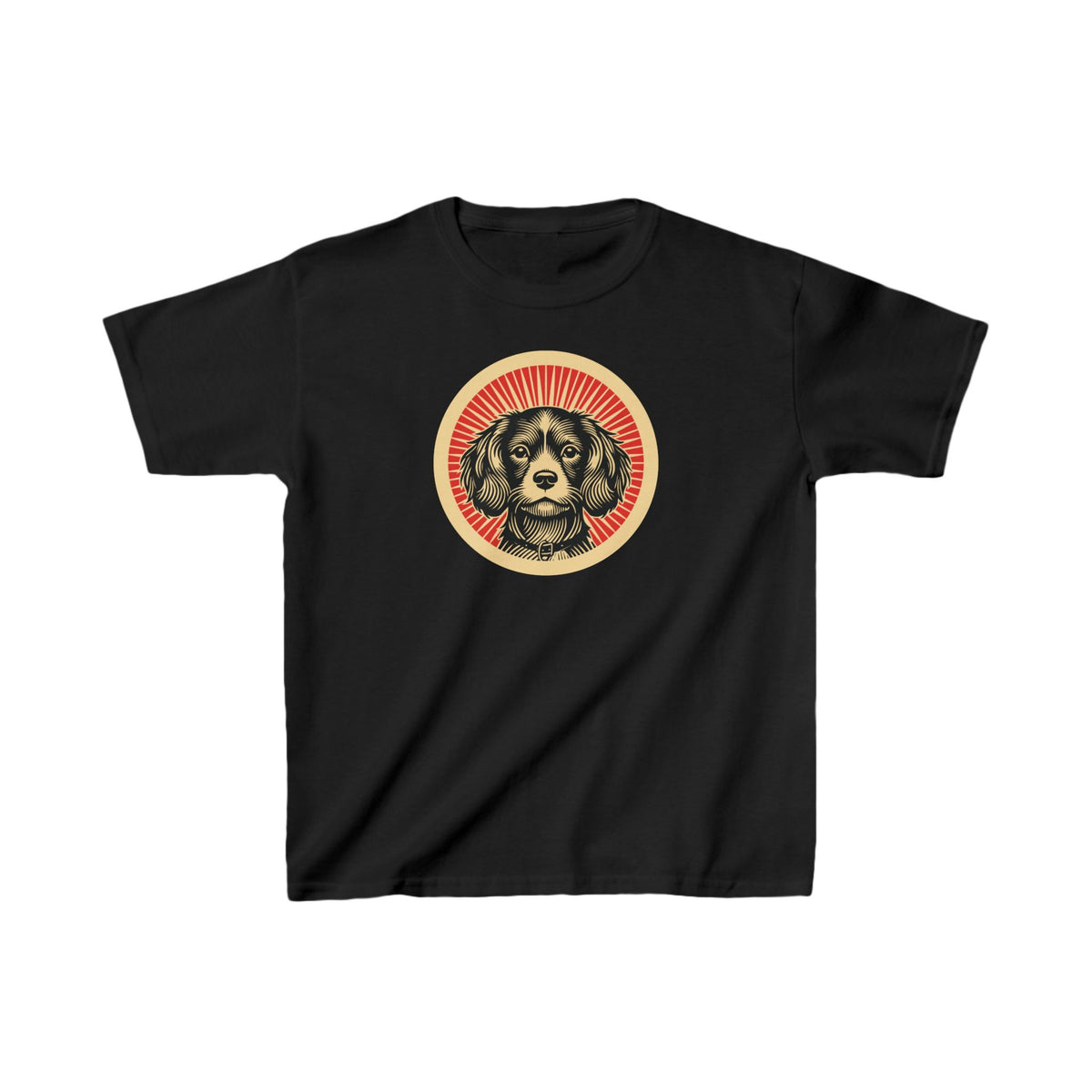 Cavachon badge art in a ring of red rays on a kids' tee