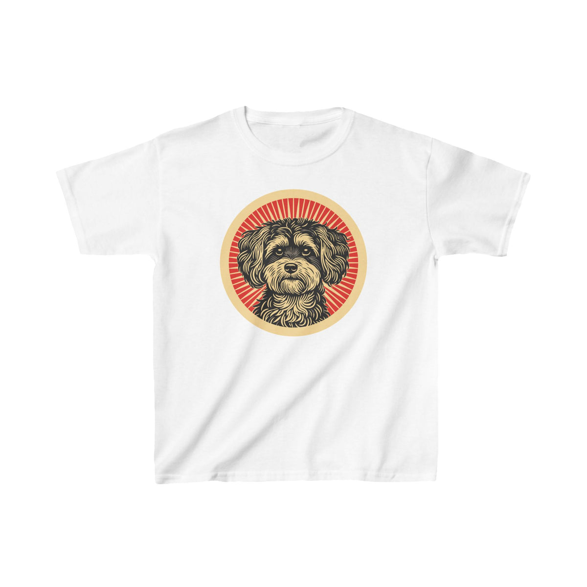 Maltipoo badge art in a ring of red rays on a kids' tee