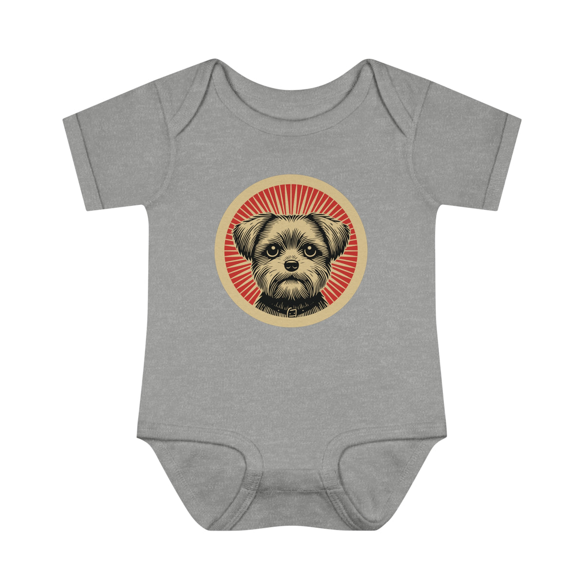 Shorkie badge art in a ring of red rays on a baby bodysuit
