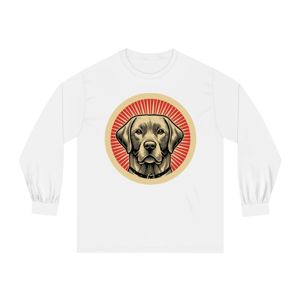 Labrador Retriever badge art in a ring of red rays on a long-sleeve tee