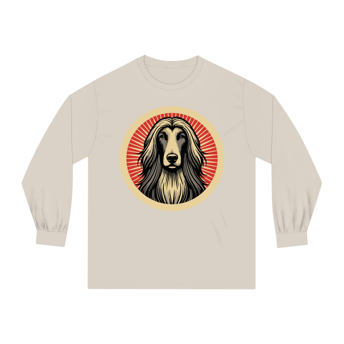 Afghan Hound badge art in a ring of red rays on a long-sleeve tee