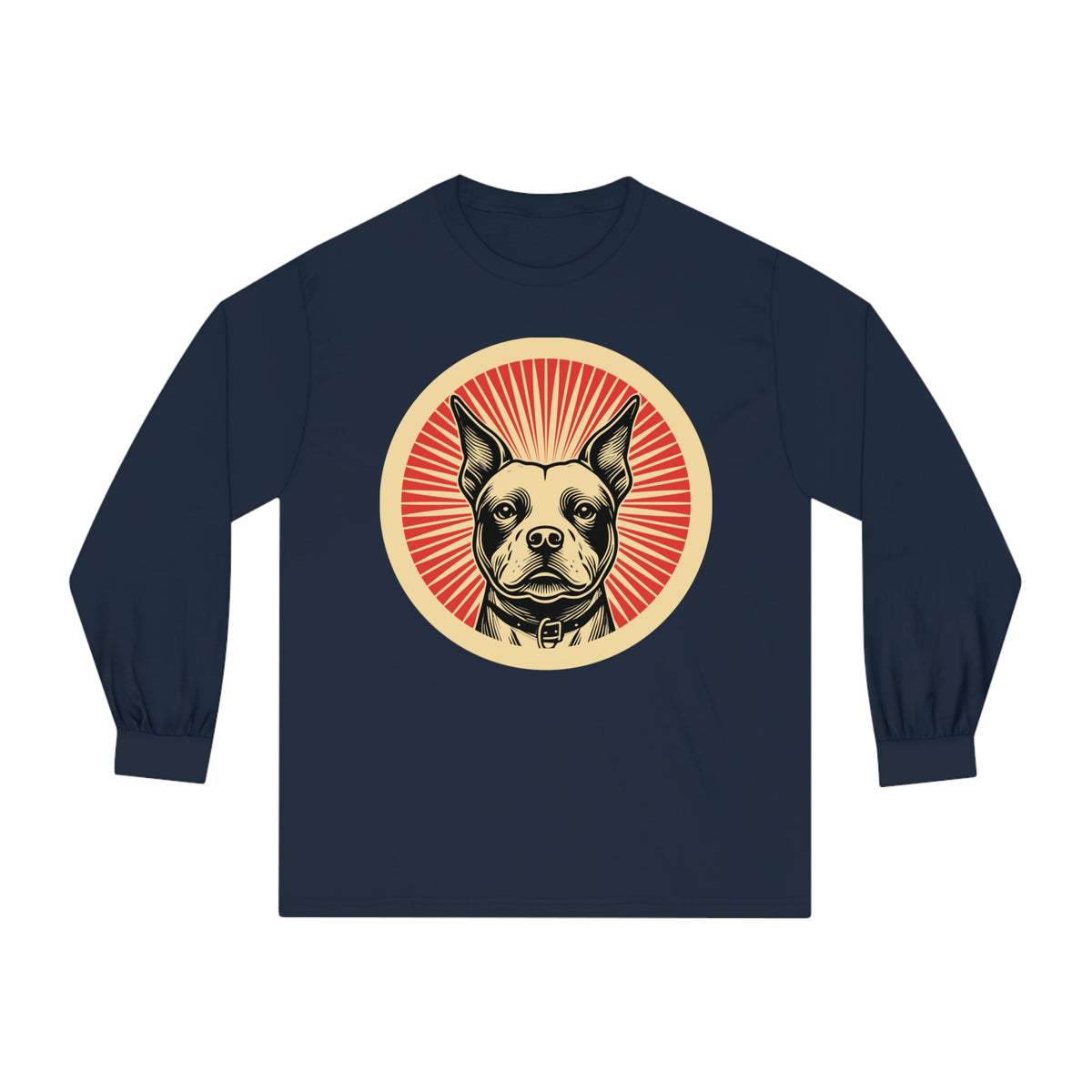Staffordshire Bull Terrier badge art in a ring of red rays on a long-sleeve tee